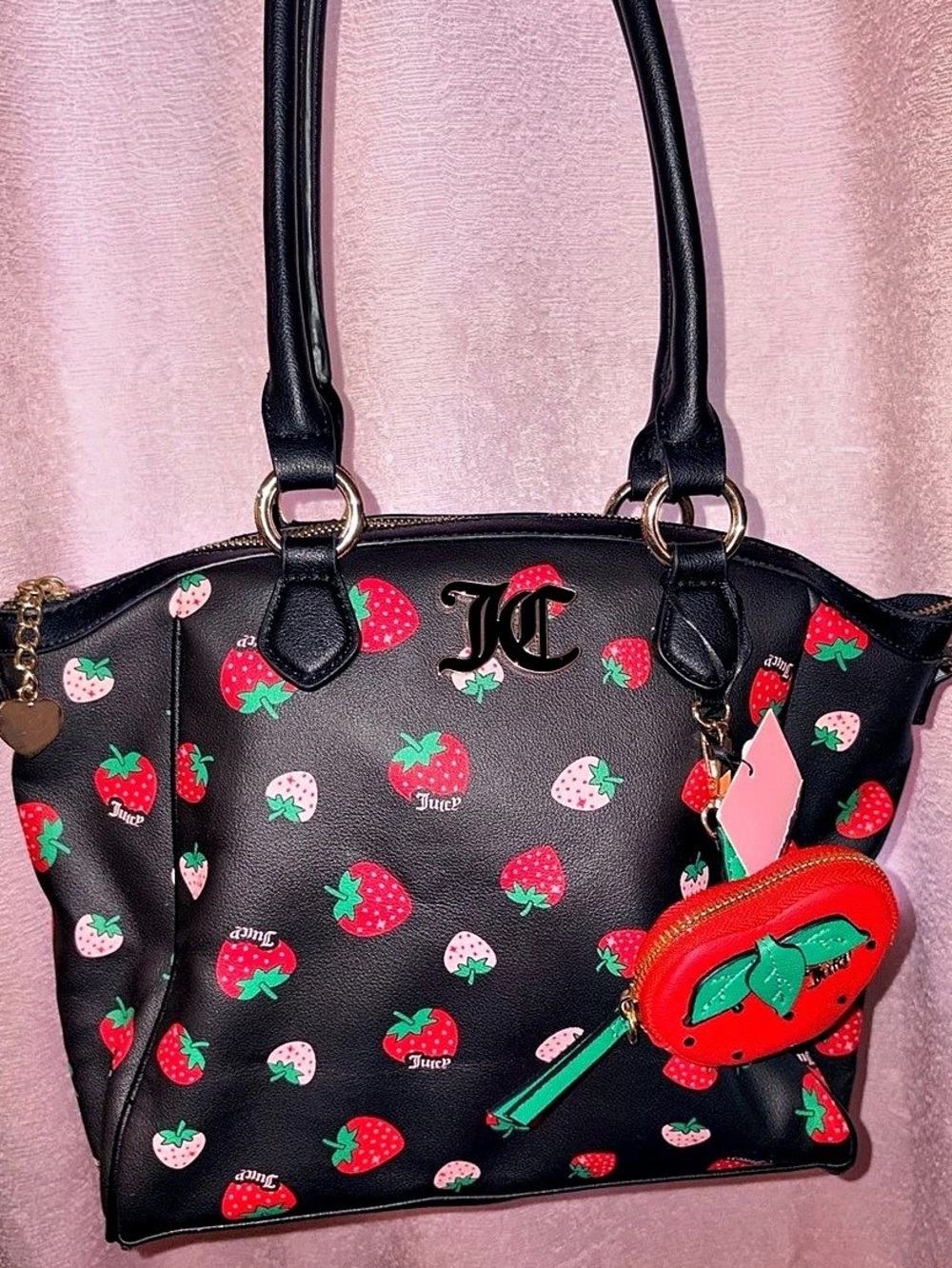 Juicy Couture Strawberry Print Tote Bag with Pouch Black & Red NWT